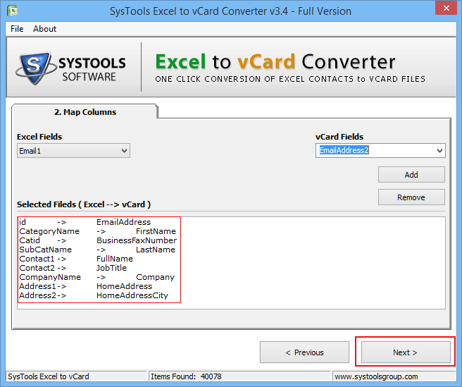 Map Excel fields with vCard 