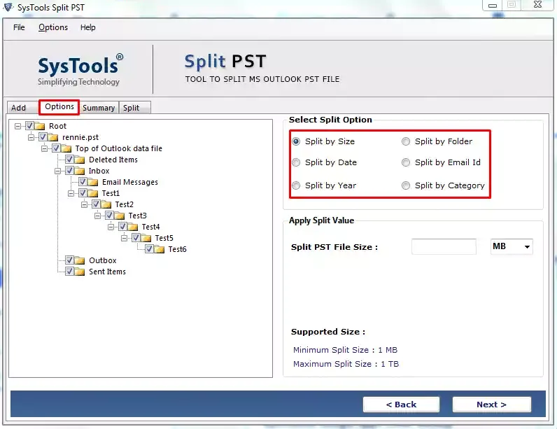 Select the option to split huge PST file