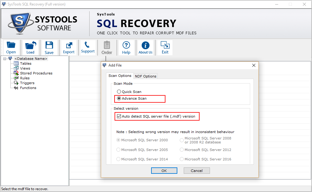 Scanning modes to repair corrupt SQL database